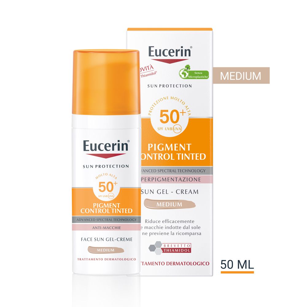 Eucerin Pigment Control crema solare colorata SPF 50+. Tubo e confezione. Tappo arancione. Testo: Medium, 50 ml.