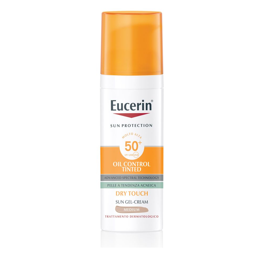 Eucerin Oil Control Tinted SPF 50+ crema solare. Tubo bianco, tappo arancione. Testo e logo.