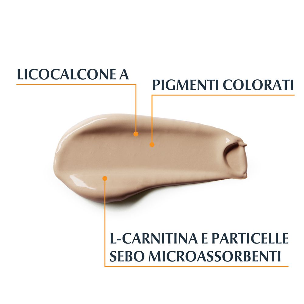 Texture della crema solare Eucerin. Ingredienti: Licochalcone A, pigmenti, L-Carnitina, particelle micro-assorbenti.