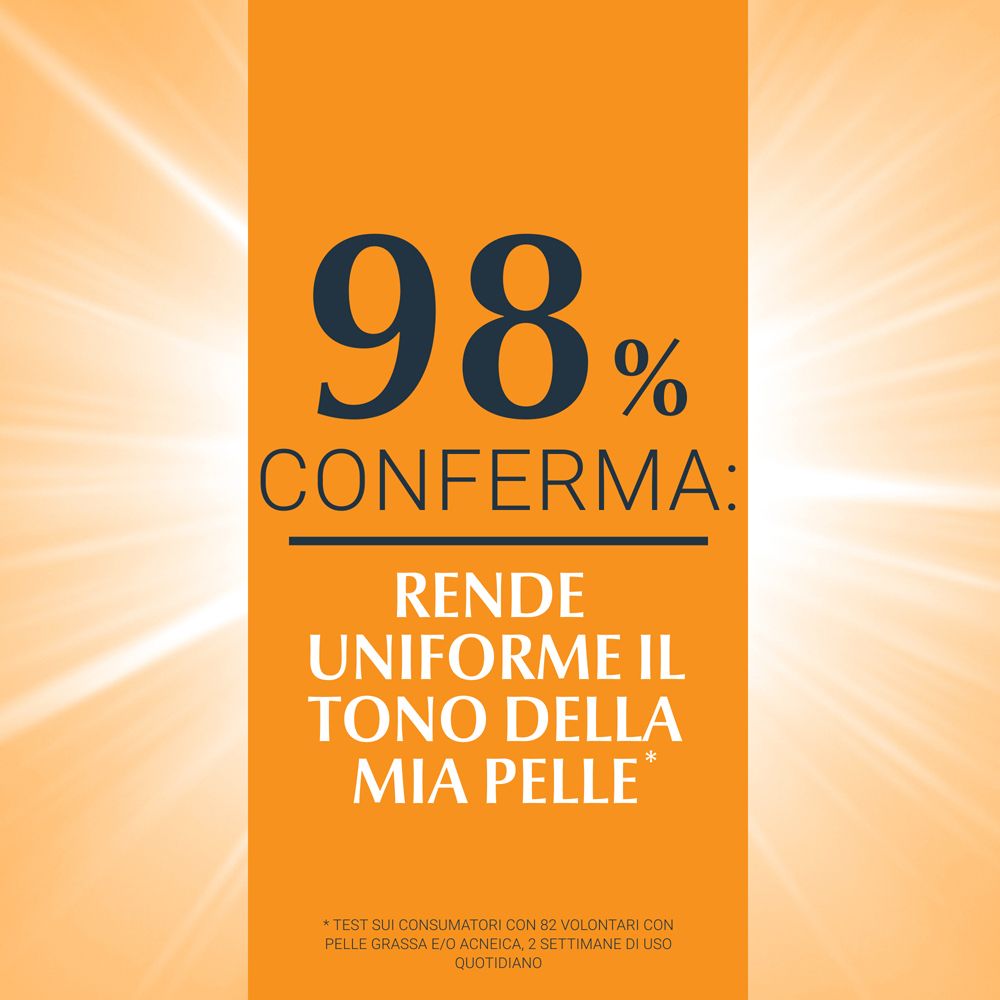 98% confermano: Rende il tono della pelle più uniforme. Testo su sfondo arancione.