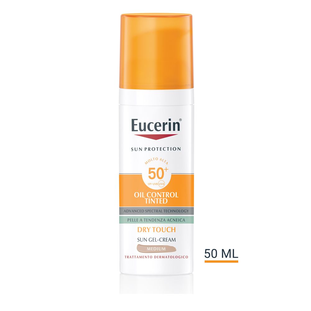 Eucerin Oil Control Tinted SPF 50+ crema solare. Tubo bianco, tappo arancione. 50 ml.