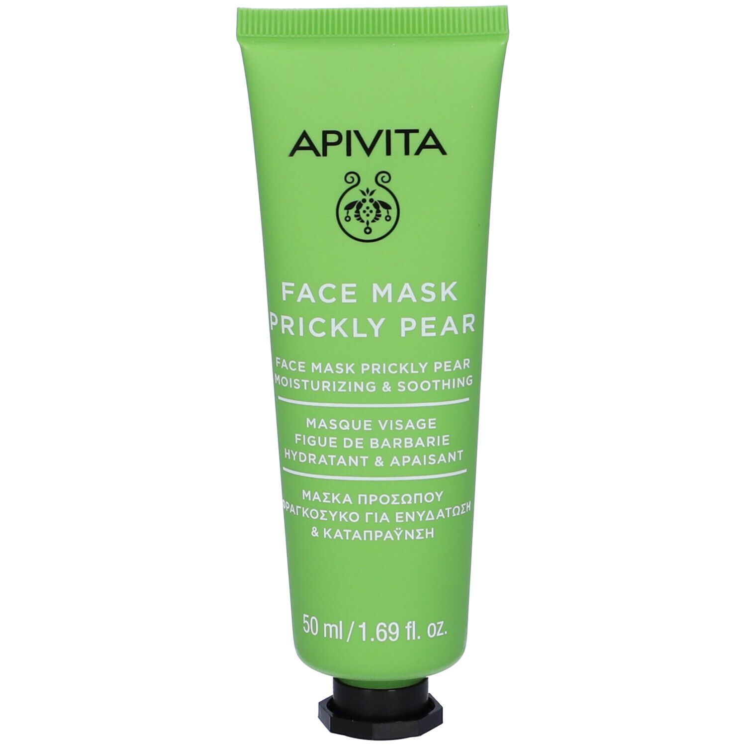 Tubo verde con logo "APIVITA" e scritta "FACE MASK PRICKLY PEAR". Contiene 50 ml.