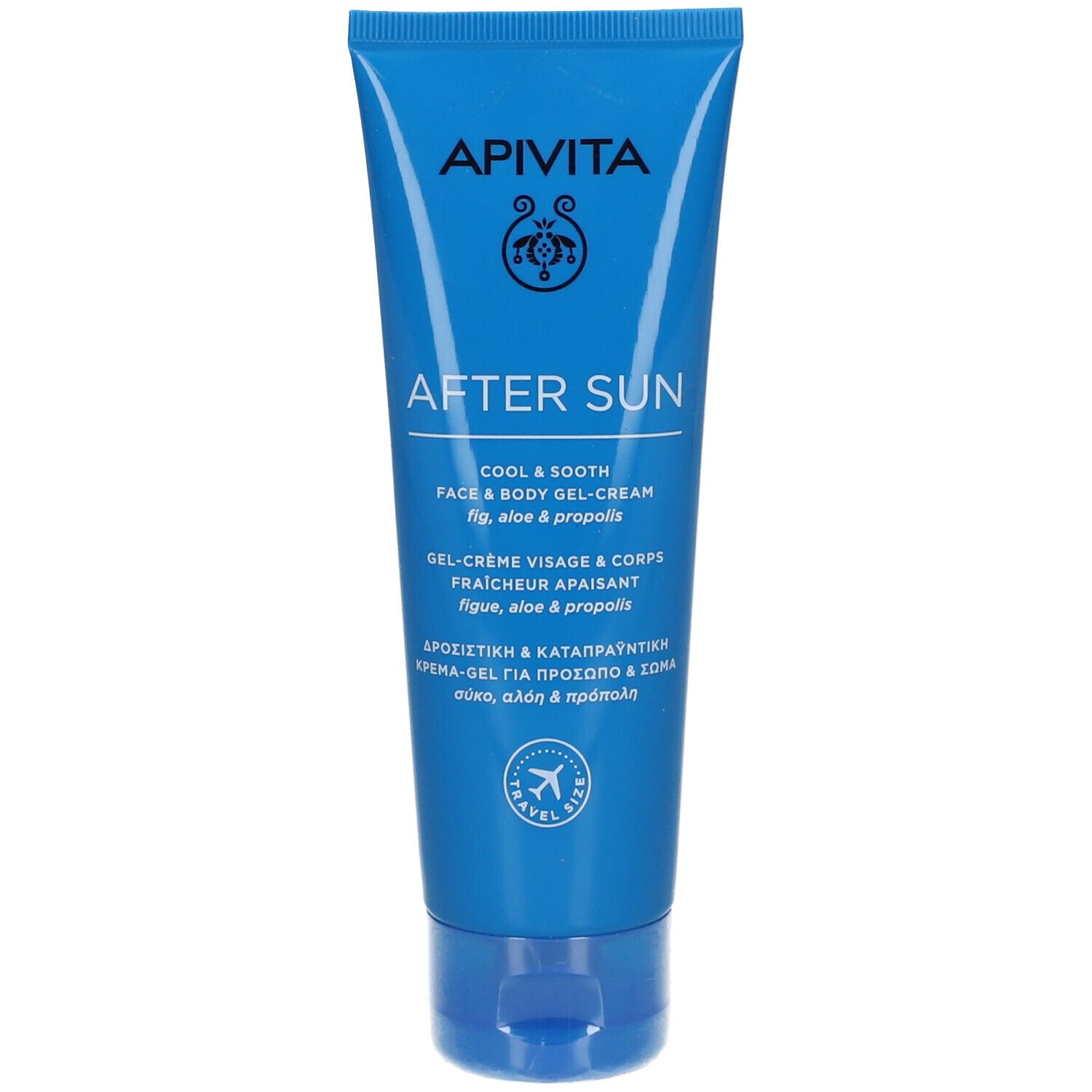 Tubo blu "Apivita After Sun". Scritta: "Cool & Sooth Face & Body Gel-Cream". Contiene fico, aloe e propoli.