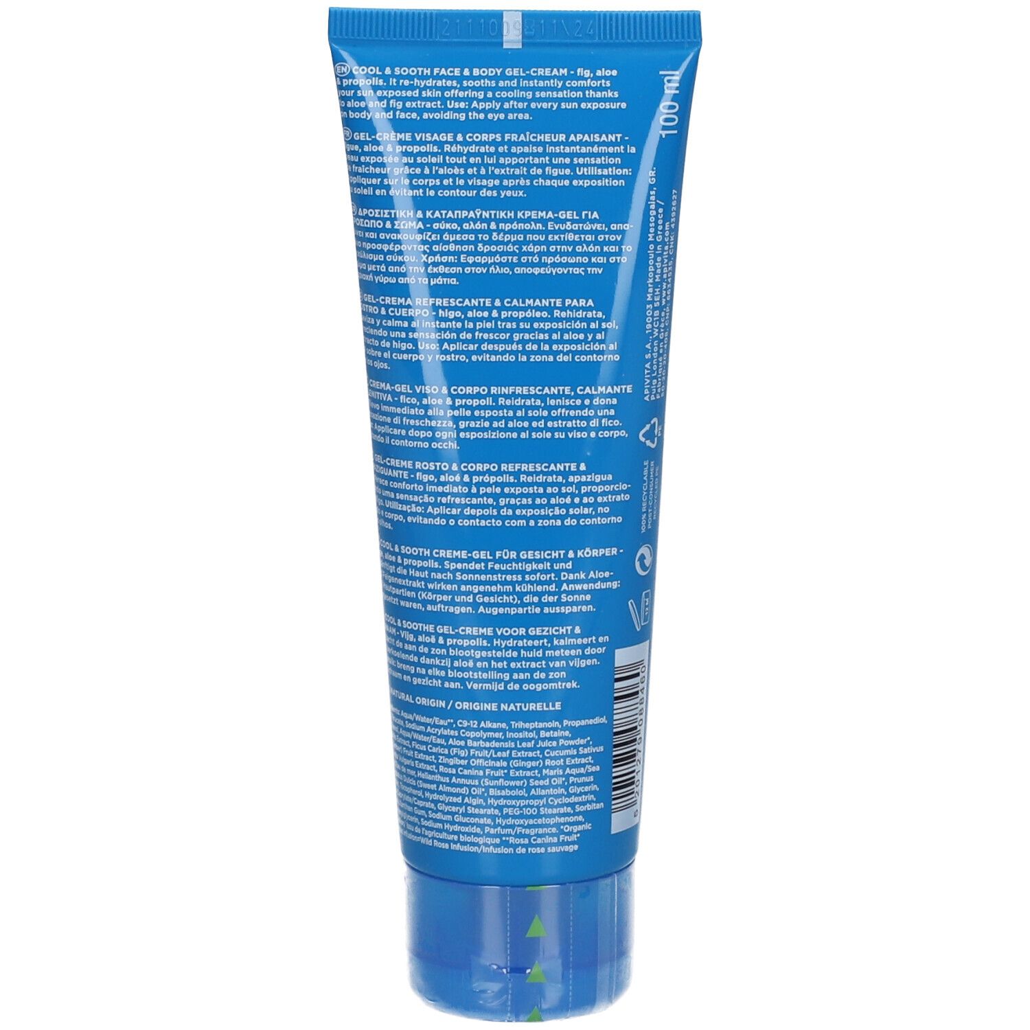 Retro del tubo blu. Testo multilingue. Informazioni sul prodotto e ingredienti.