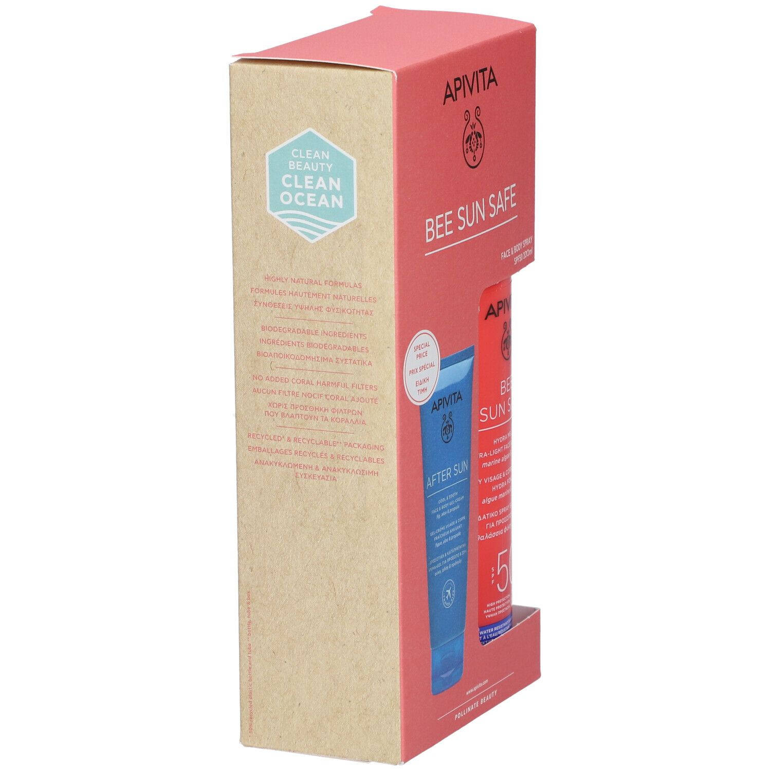 Vista laterale della confezione. Scritto: Clean Beauty Clean Ocean. Contiene spray rosso e tubo blu.