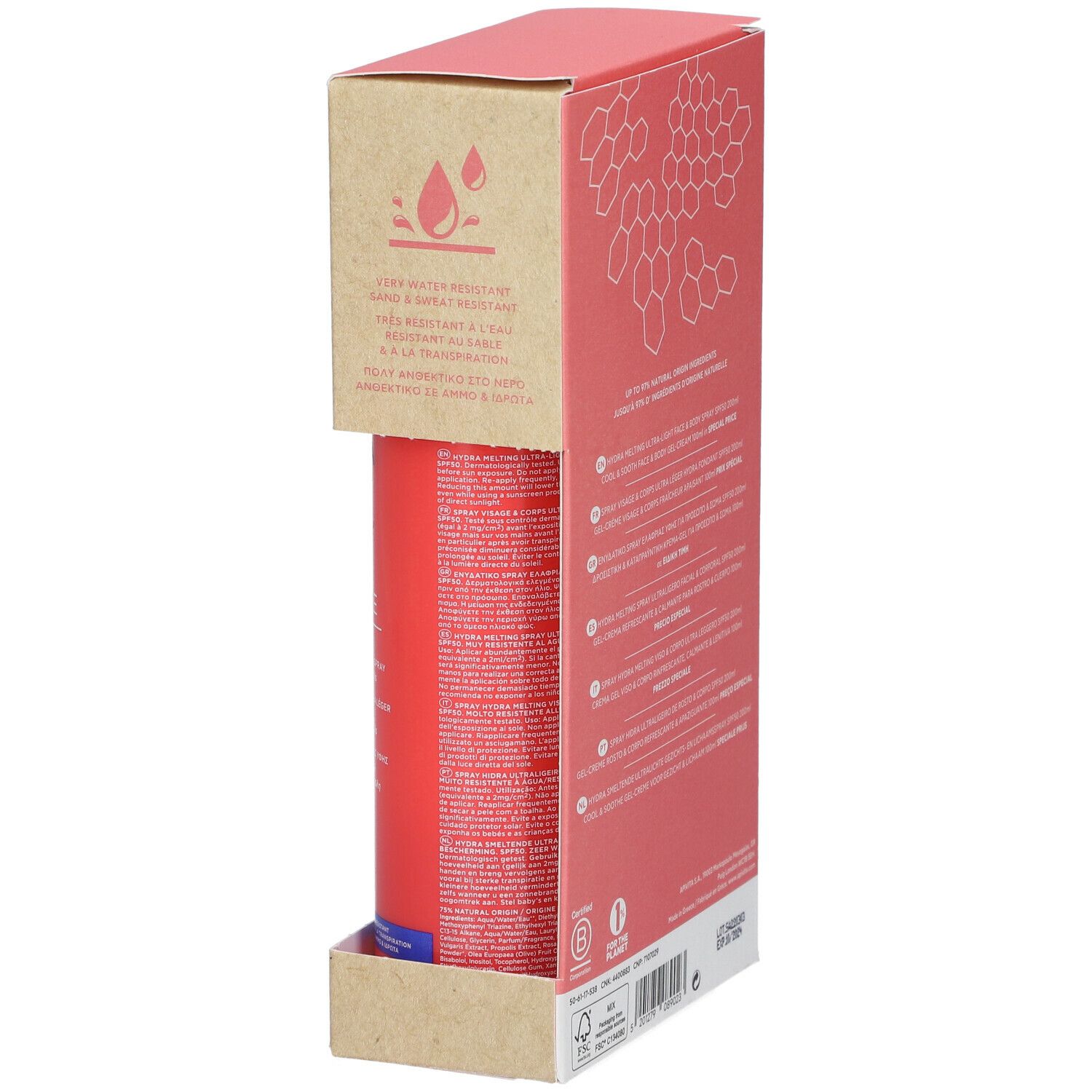 Confezione con spray rosso. Scritto: APIVITA Bee Sun Safe. Logo: gocce d'acqua. Certificazione FSC.