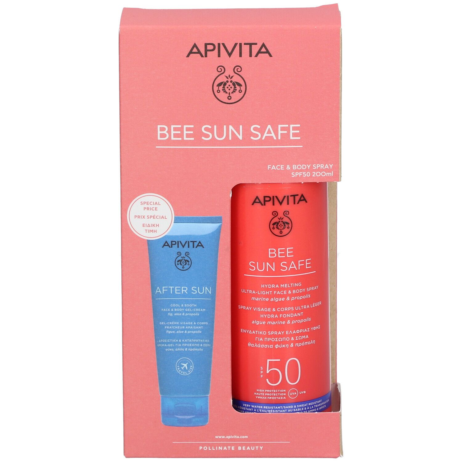 Confezione con spray rosso e tubo blu. Scritto: APIVITA Bee Sun Safe. SPF50. Doposole.