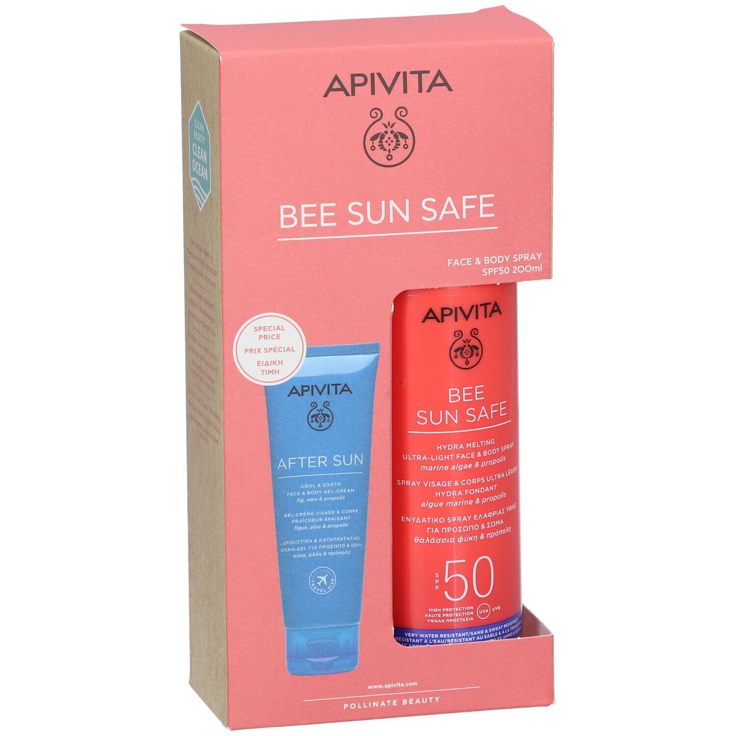 Confezione con spray rosso e tubo blu. Scritto: APIVITA Bee Sun Safe. SPF50. Doposole.