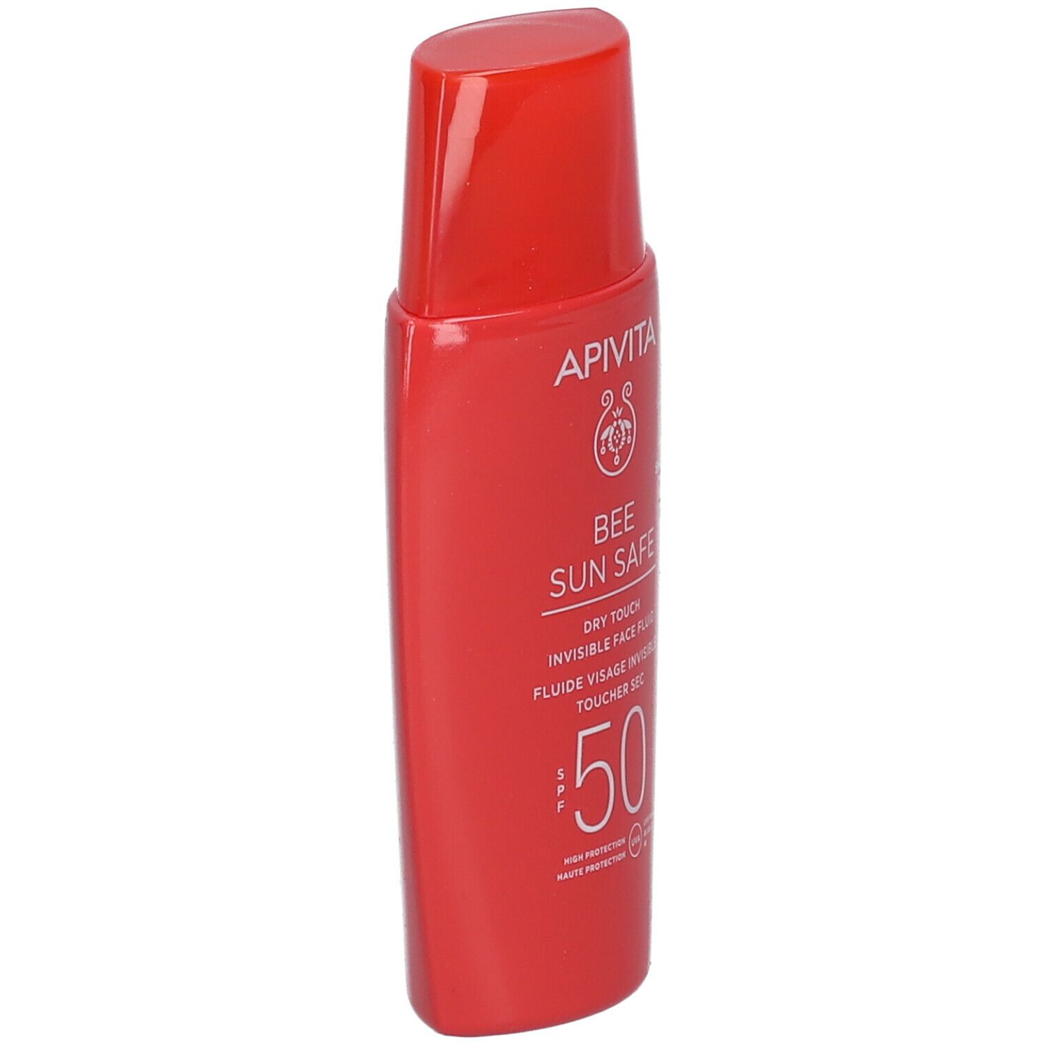 Flacone rosso con tappo rosso. Scritta: APIVITA, BEE SUN SAFE, SPF 50. Texture asciutta.