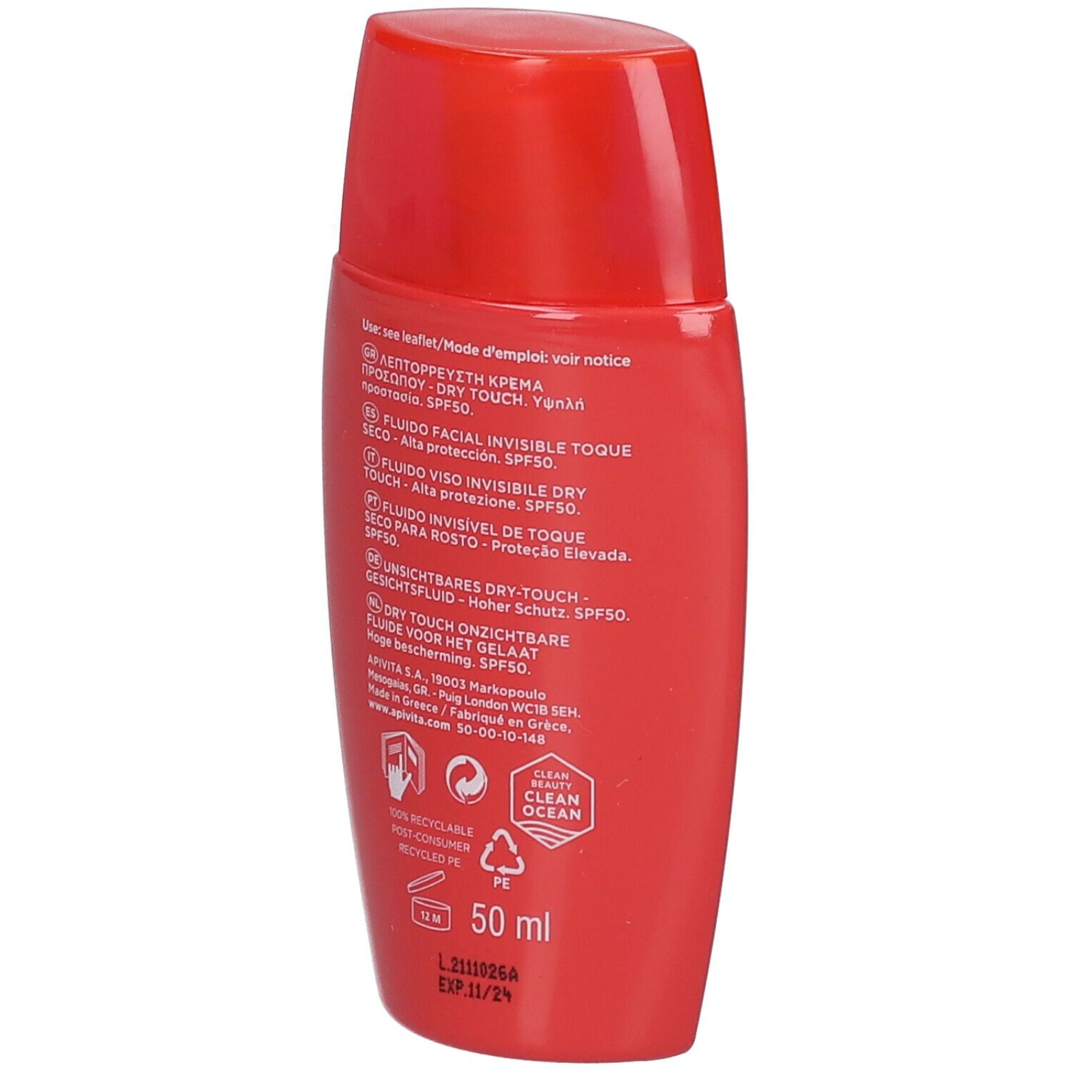 Flacone rosso. Retro con testo. Scritta: APIVITA, BEE SUN SAFE, SPF 50. 50 ml.