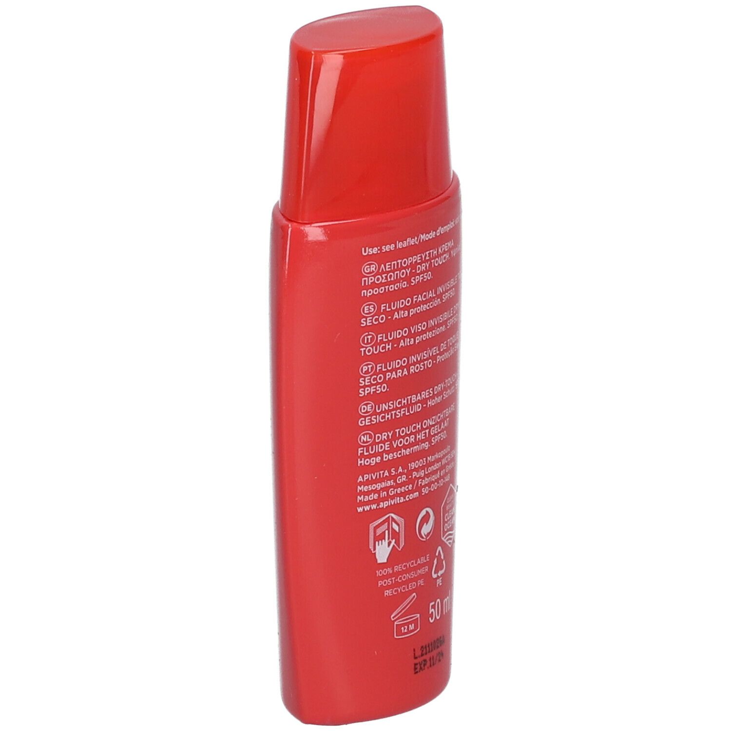 Flacone rosso. Retro con testo. Scritta: APIVITA, BEE SUN SAFE, SPF 50. 50 ml.