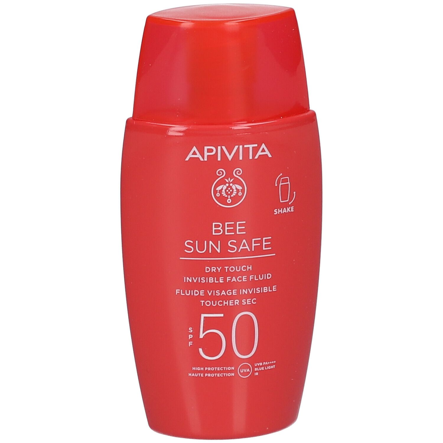 Flacone rosso con tappo rosso. Scritta: APIVITA, BEE SUN SAFE, SPF 50. Texture asciutta.