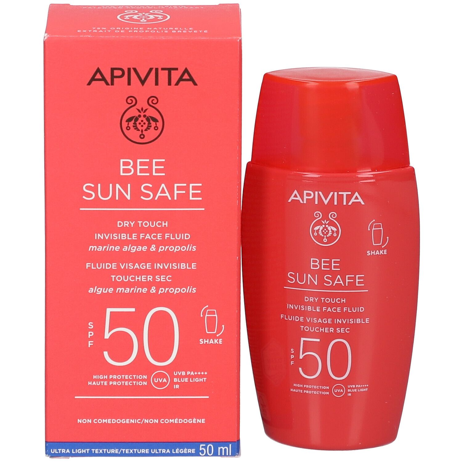 Flacone e scatola rossi. Scritta: APIVITA, BEE SUN SAFE, SPF 50. Texture asciutta. 50 ml.