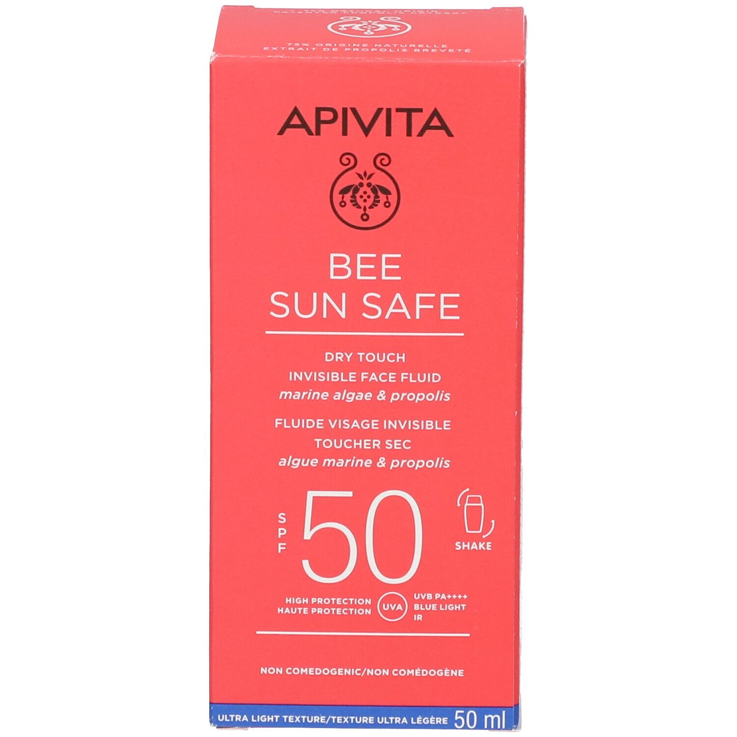 Scatola rossa. Scritta: APIVITA, BEE SUN SAFE, SPF 50. Texture asciutta. 50 ml.