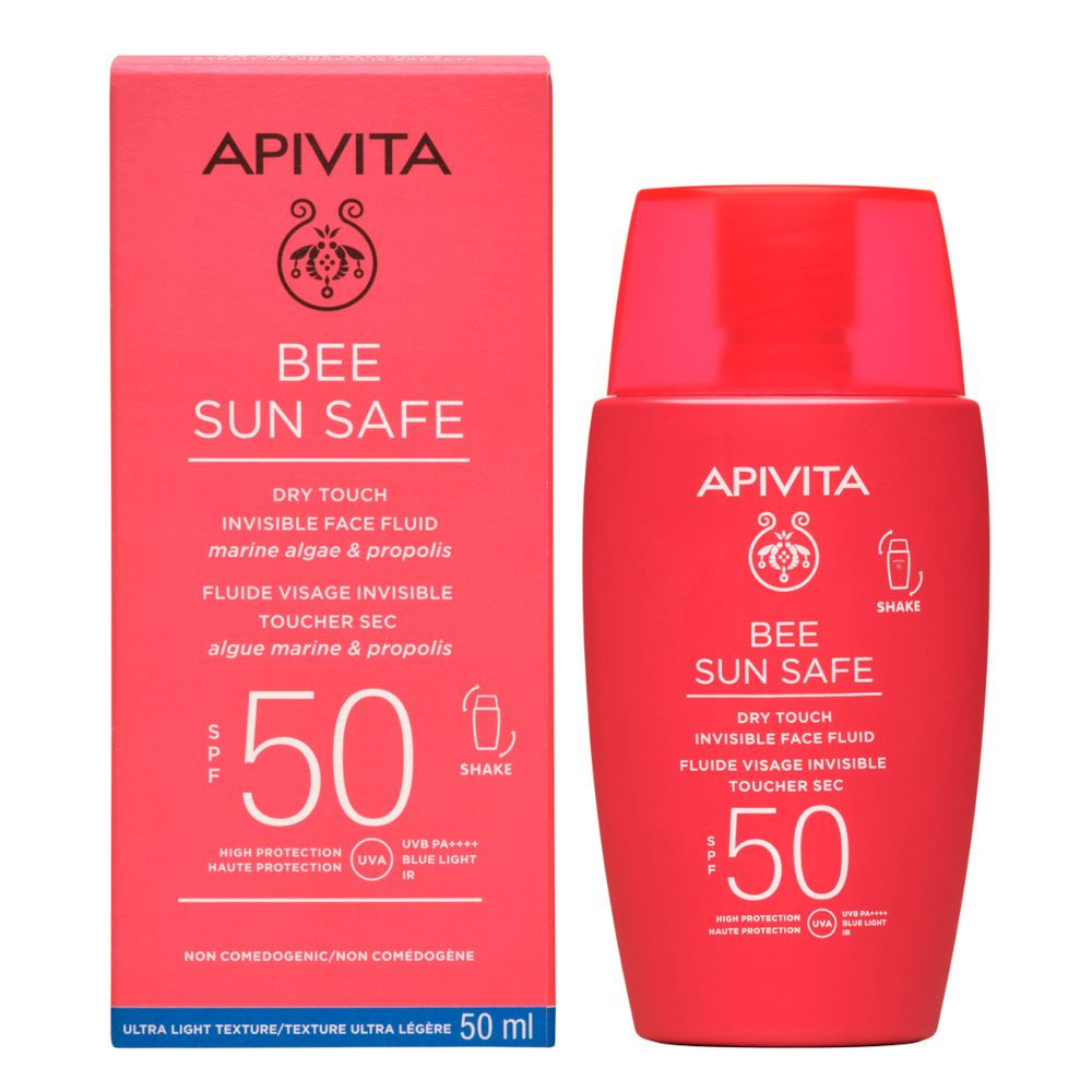 Flacone e scatola rossi. Scritta: APIVITA, BEE SUN SAFE, SPF 50. Texture asciutta. 50 ml.