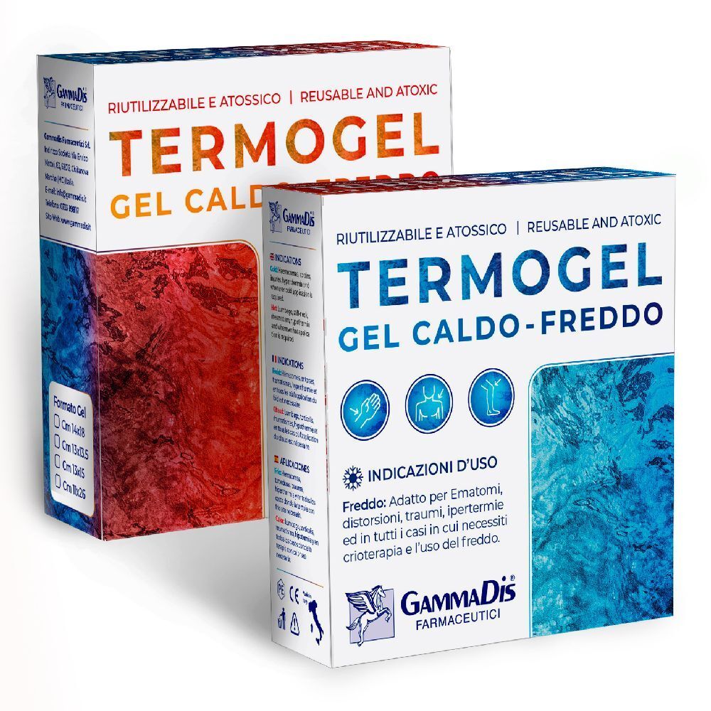 Due scatole TERMOGEL GEL CALDO-FREDDO. Riutilizzabile e atossico. Marca: GammaDis Farmaceutici. Vista frontale.