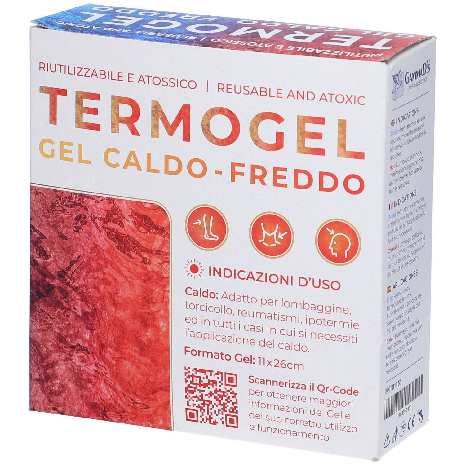 Scatola TERMOGEL GEL CALDO-FREDDO. Riutilizzabile e atossico. Formato: 11x26cm. Marca: GammaDis Farmaceutici. Codice QR.