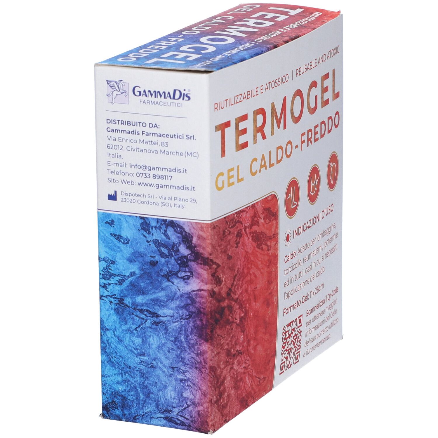 Scatola TERMOGEL GEL CALDO-FREDDO. Riutilizzabile e atossico. Marca: GammaDis Farmaceutici. Formato: 11x26cm.