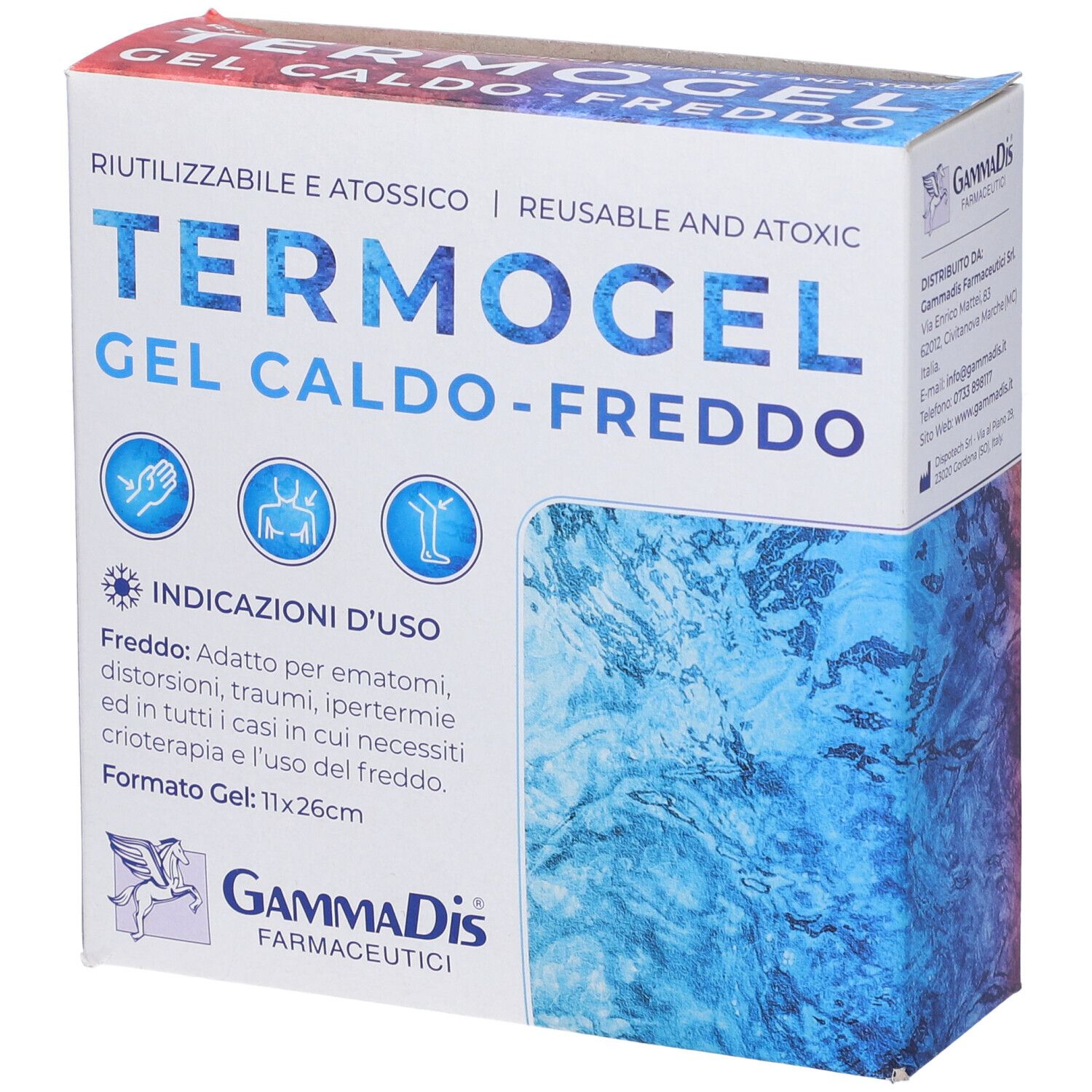 Scatola TERMOGEL GEL CALDO-FREDDO. Riutilizzabile e atossico. Marca: GammaDis Farmaceutici. Formato: 11x26cm.