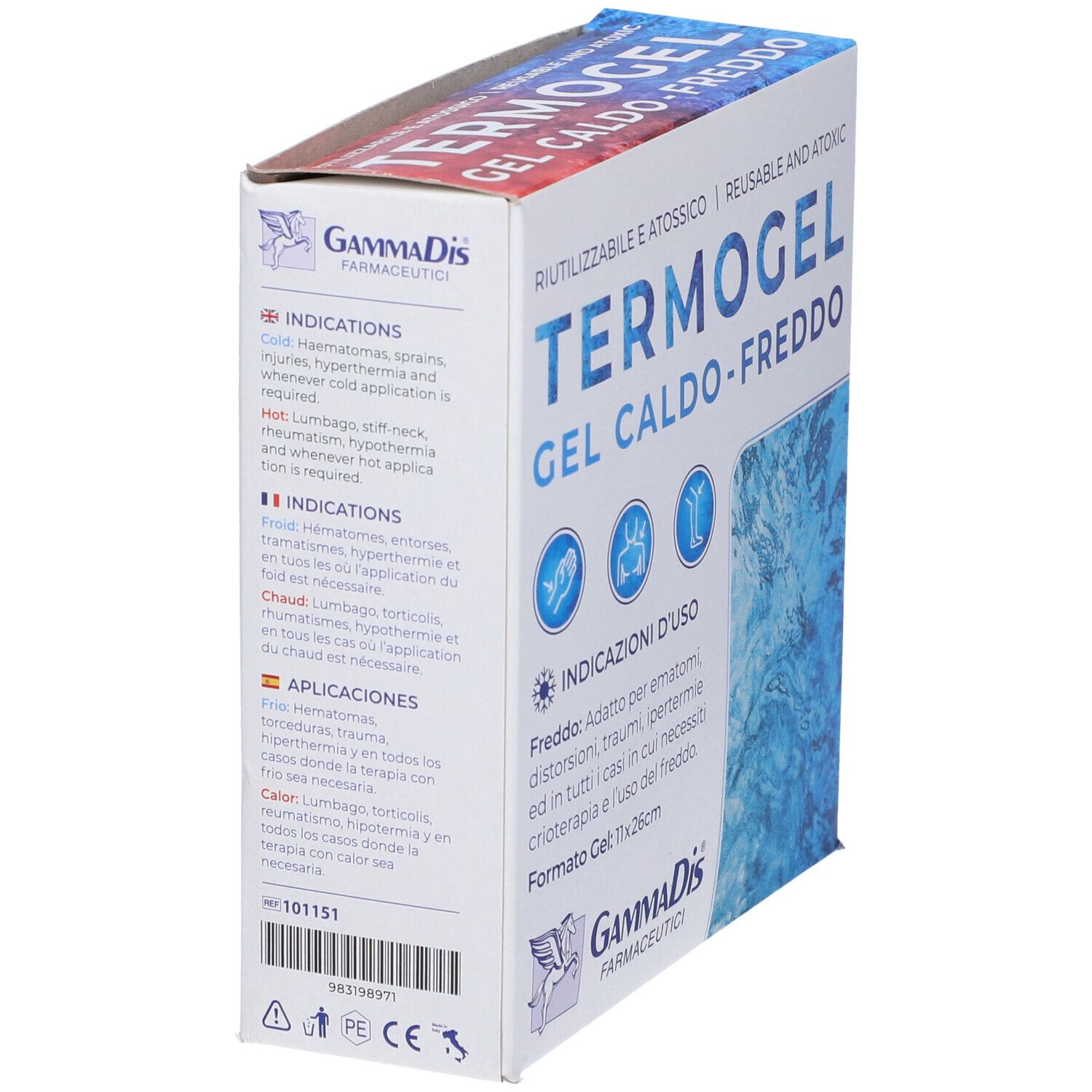 Scatola TERMOGEL GEL CALDO-FREDDO. Riutilizzabile e atossico. Marca: GammaDis Farmaceutici. Formato: 11x26cm.
