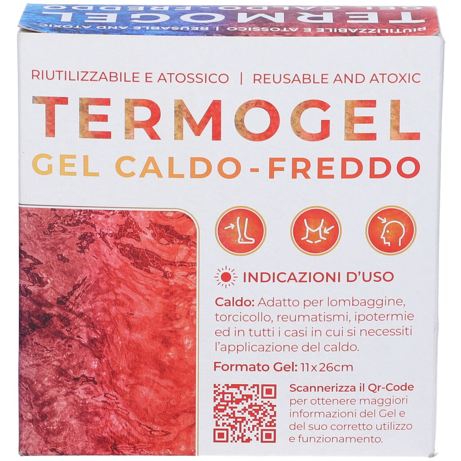 Scatola TERMOGEL GEL CALDO-FREDDO. Riutilizzabile e atossico. Formato: 11x26cm. Marca: GammaDis Farmaceutici. Codice QR.