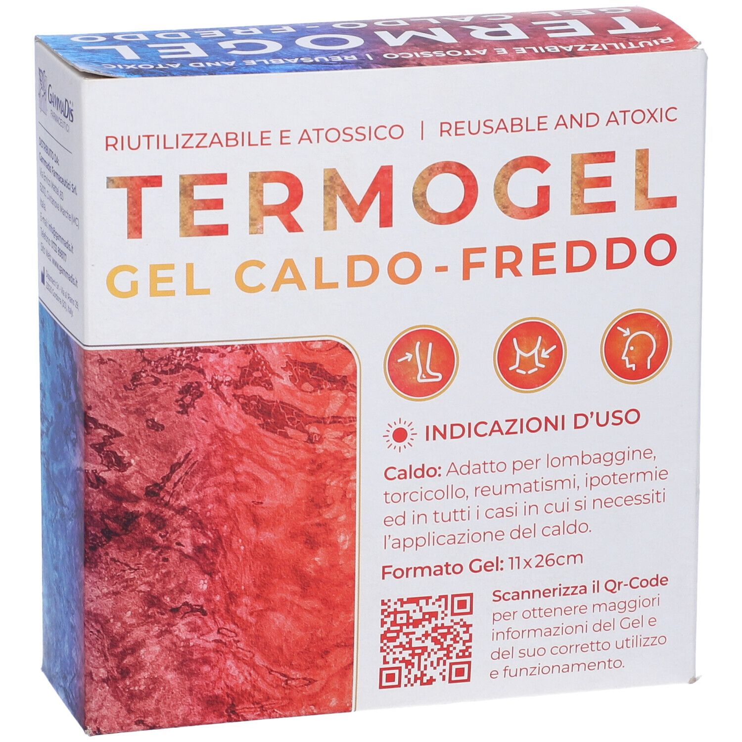 Scatola TERMOGEL GEL CALDO-FREDDO. Riutilizzabile e atossico. Formato: 11x26cm. Marca: GammaDis Farmaceutici.