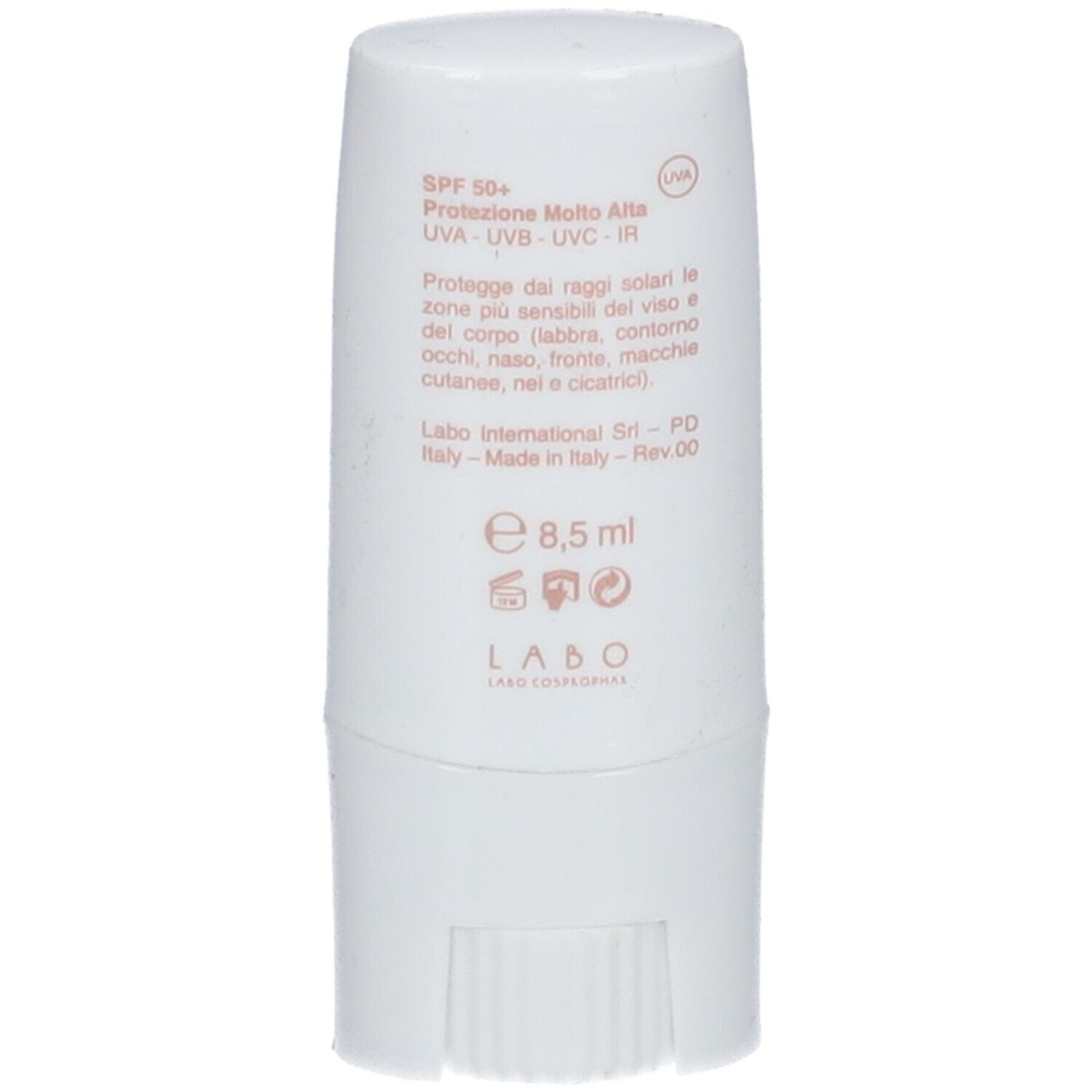 Stick bianco con testo. SPF 50+ e altre informazioni. Logo LABO.