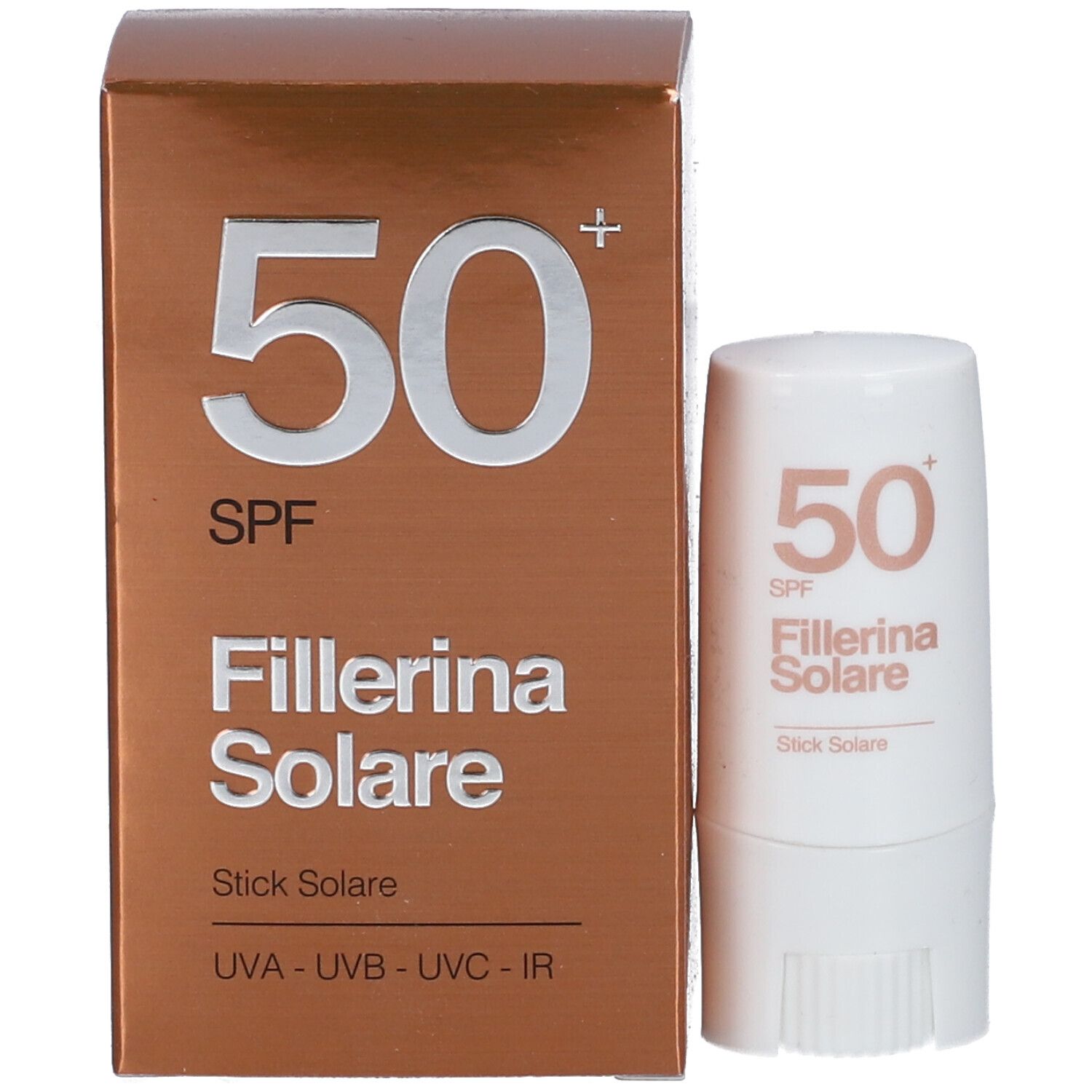 Confezione e stick. Confezione con '50 SPF' e 'Fillerina Solare'.
