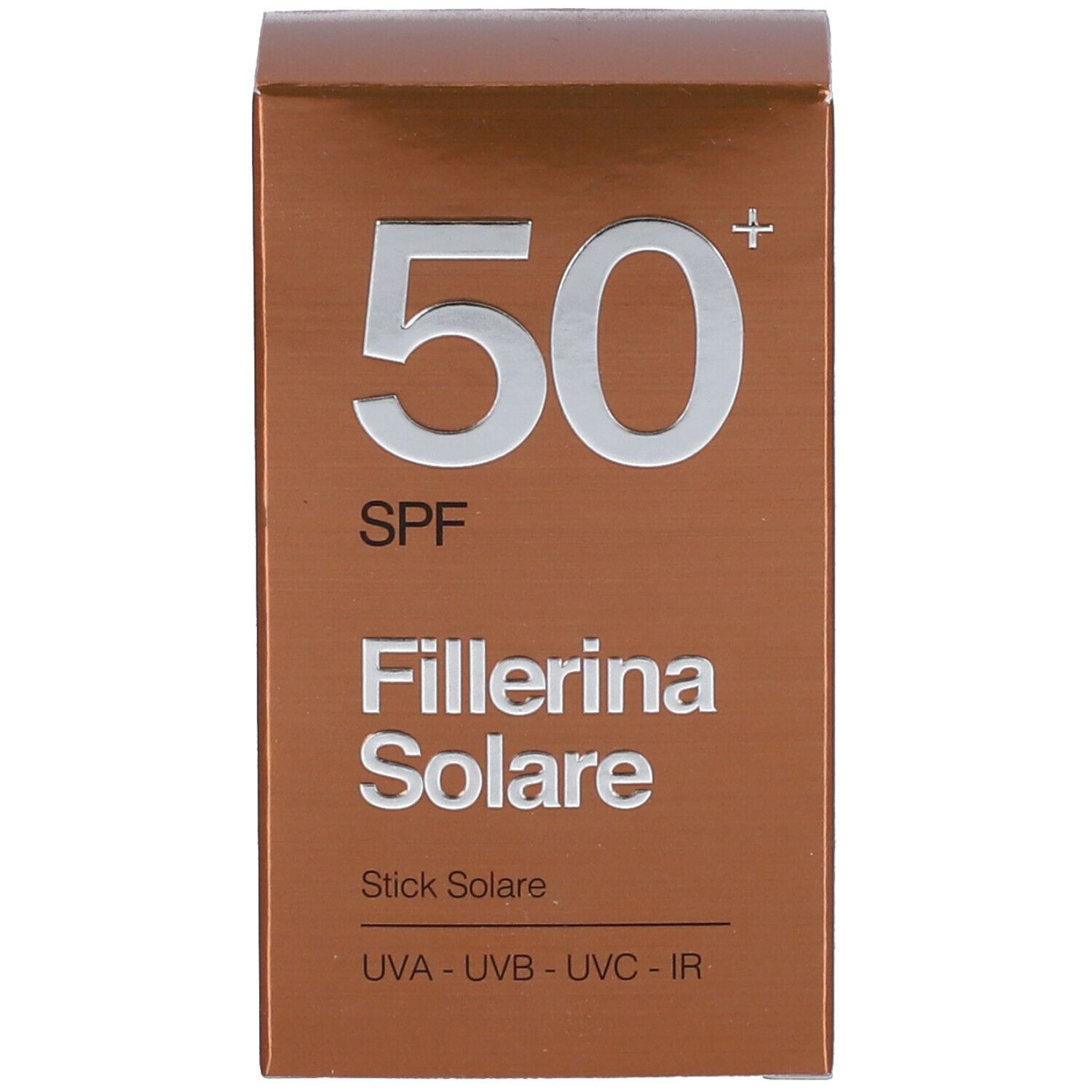 Confezione marrone con '50 SPF' e 'Fillerina Solare'.