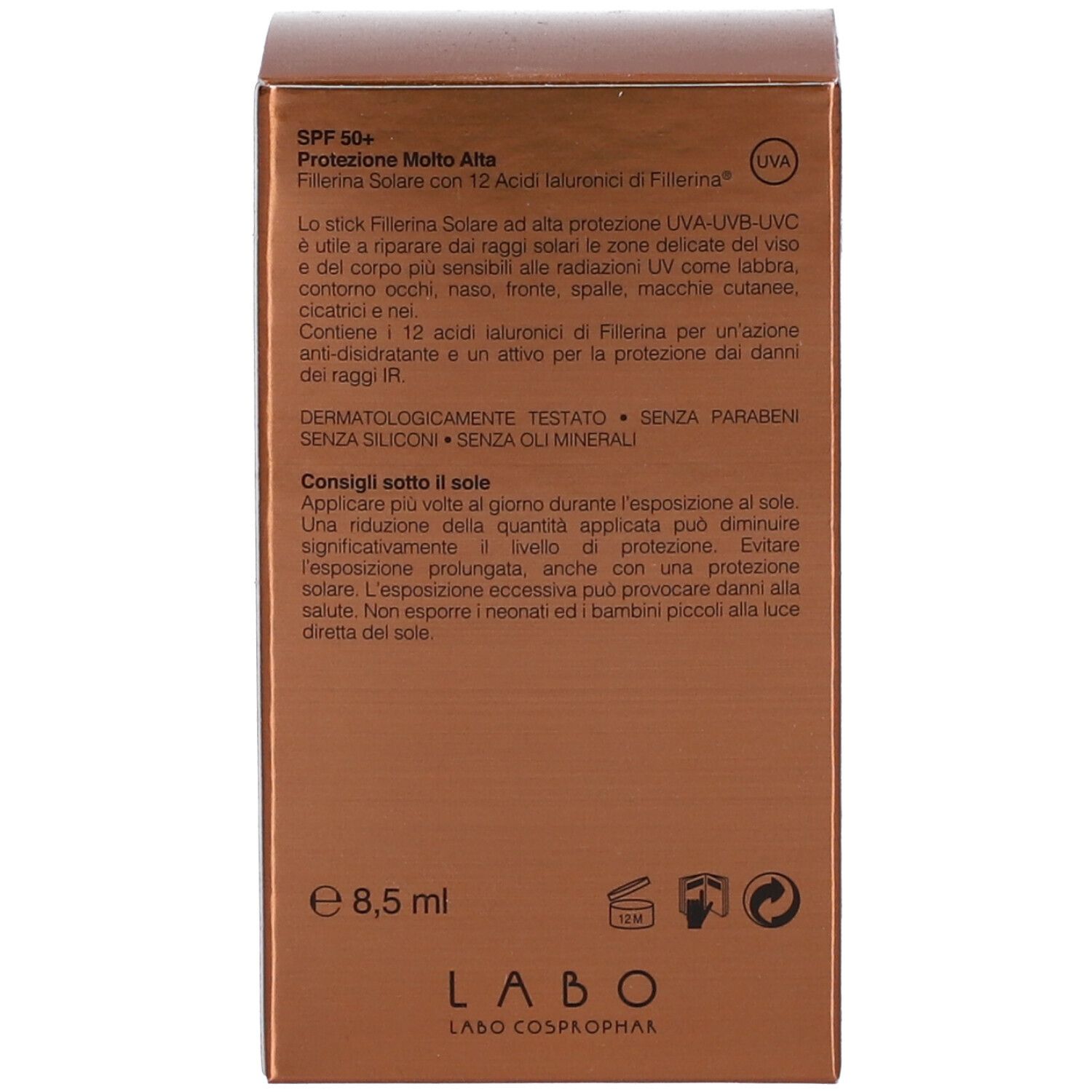 Confezione marrone con informazioni sul prodotto e logo LABO.