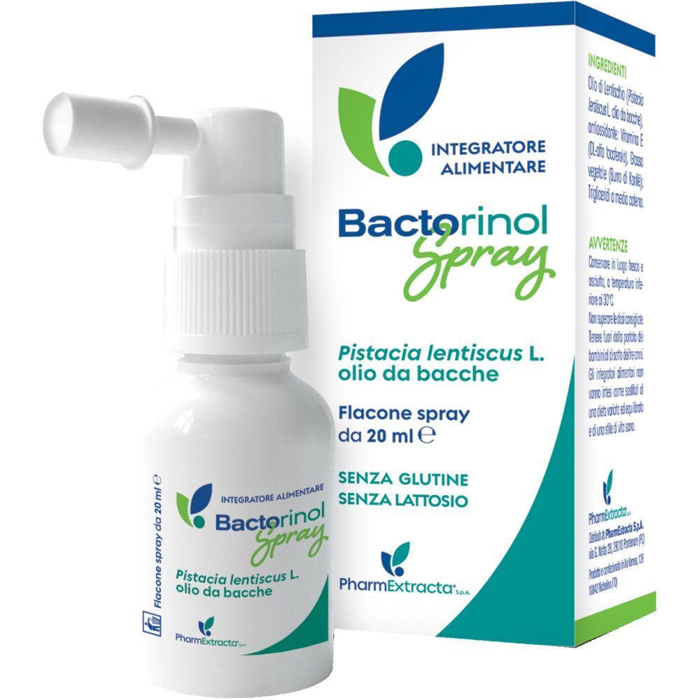 Flacone spray Bactorinol e confezione. Contiene olio di Pistacia lentiscus L. Senza glutine, senza lattosio.