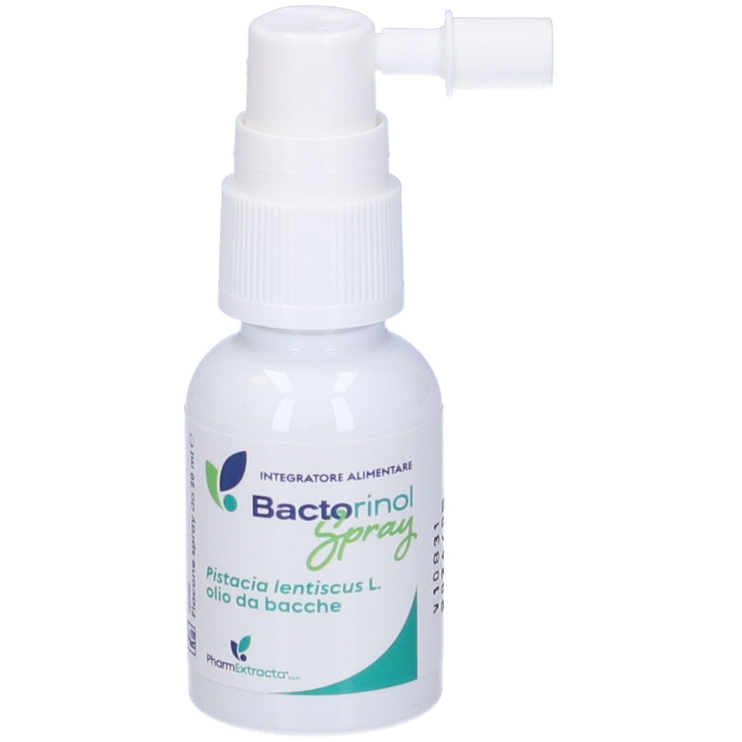 Flacone spray Bactorinol. Contiene olio di Pistacia lentiscus L. Flacone bianco con erogatore.