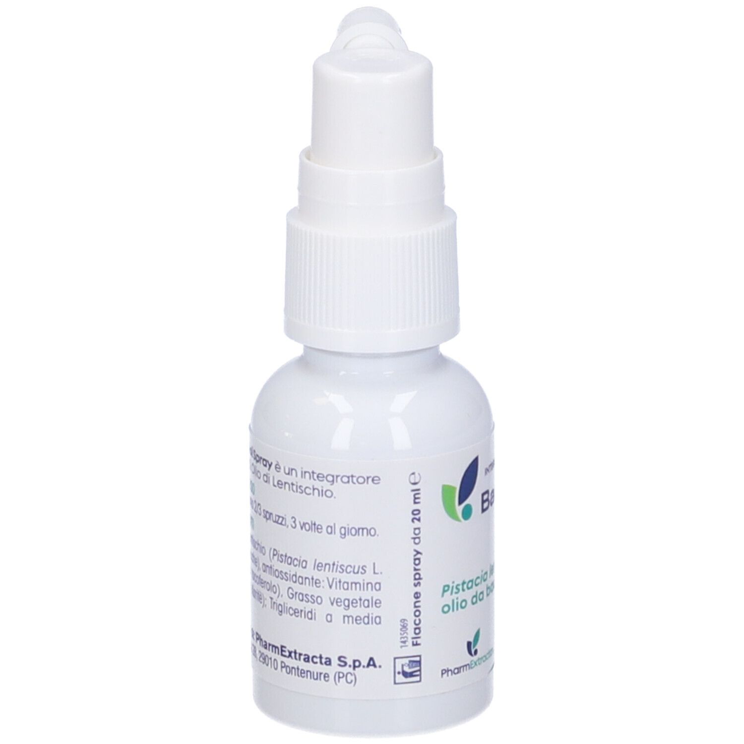 Flacone spray Bactorinol. Contiene olio di Pistacia lentiscus L. Flacone bianco con erogatore.