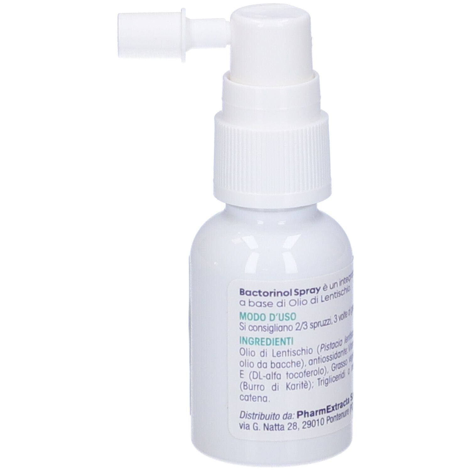 Flacone spray Bactorinol. Contiene olio di Pistacia lentiscus L. Flacone bianco con erogatore.