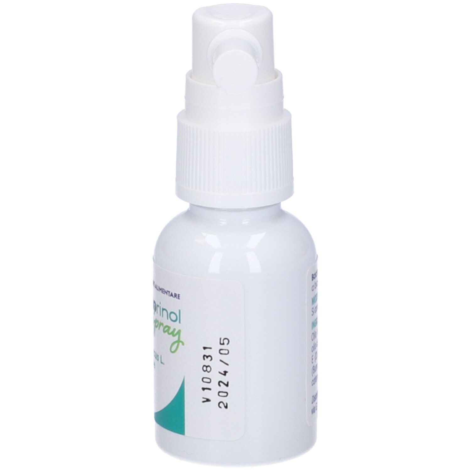 Flacone spray Bactorinol. Contiene olio di Pistacia lentiscus L. Flacone bianco con erogatore.