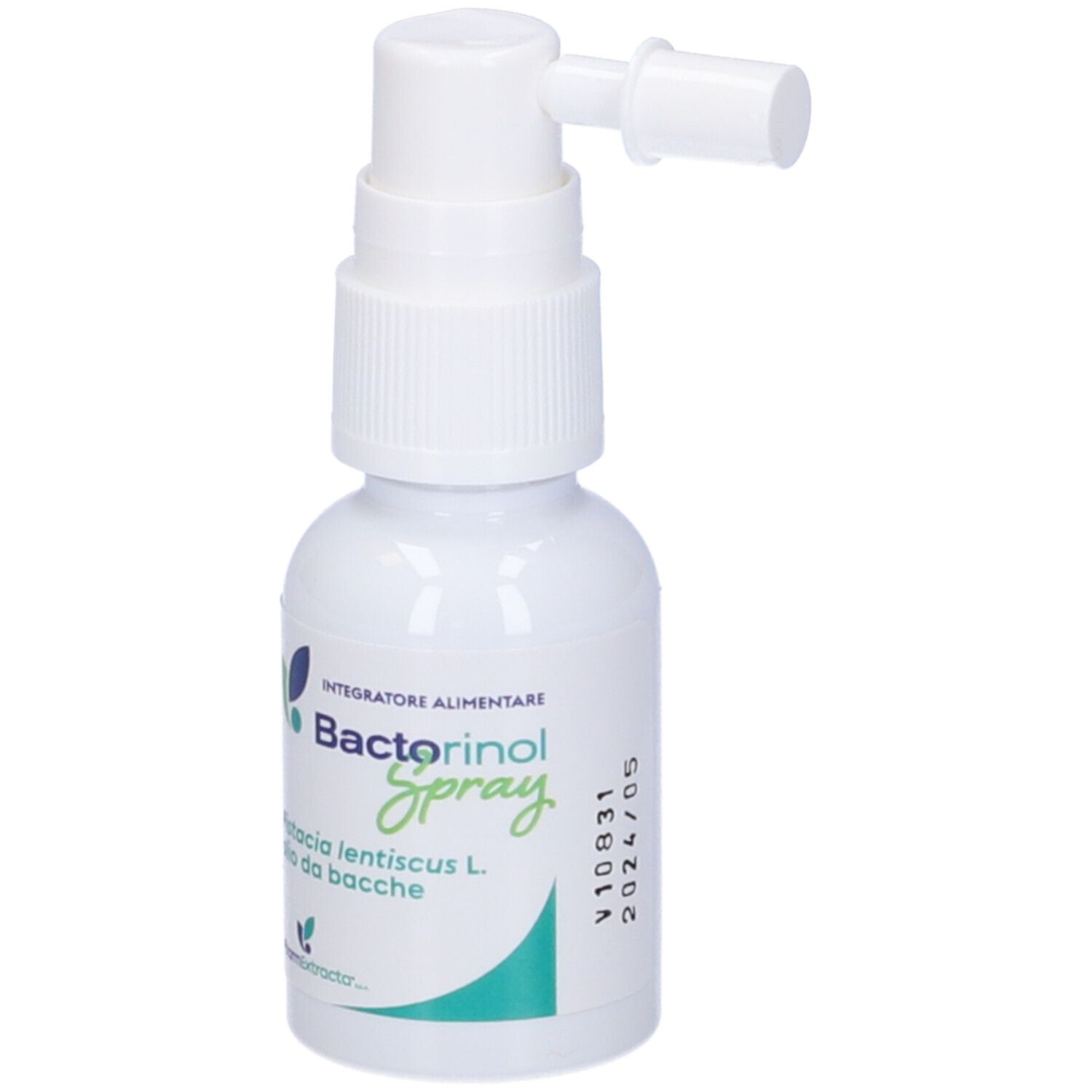 Flacone spray Bactorinol. Contiene olio di Pistacia lentiscus L. Flacone bianco con erogatore.