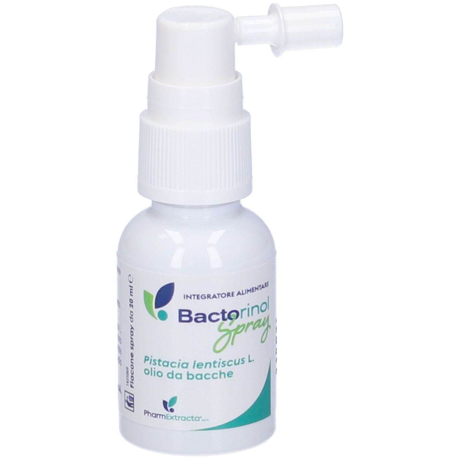 Flacone spray Bactorinol. Contiene olio di Pistacia lentiscus L. Flacone bianco con erogatore.