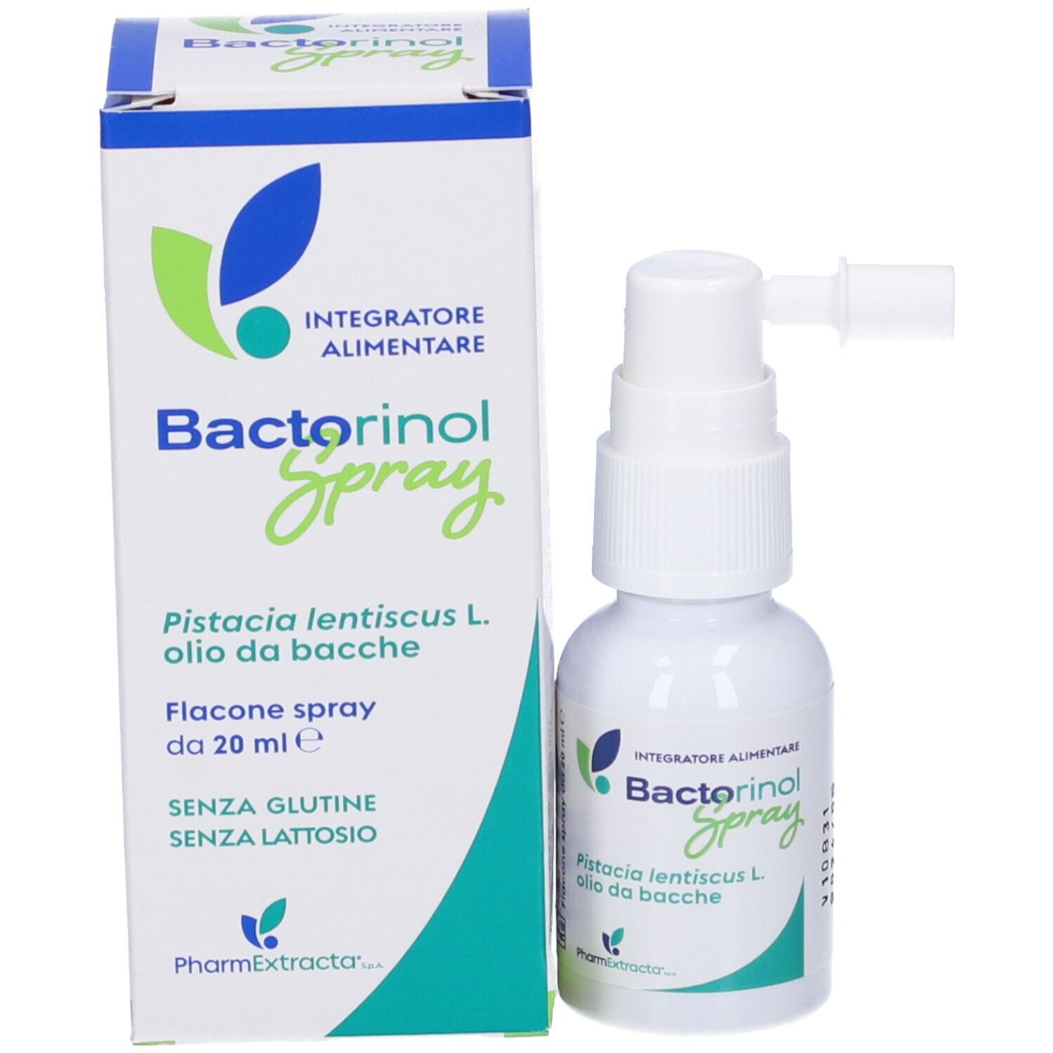 Flacone spray Bactorinol. Contiene olio di Pistacia lentiscus L. Flacone bianco con erogatore.