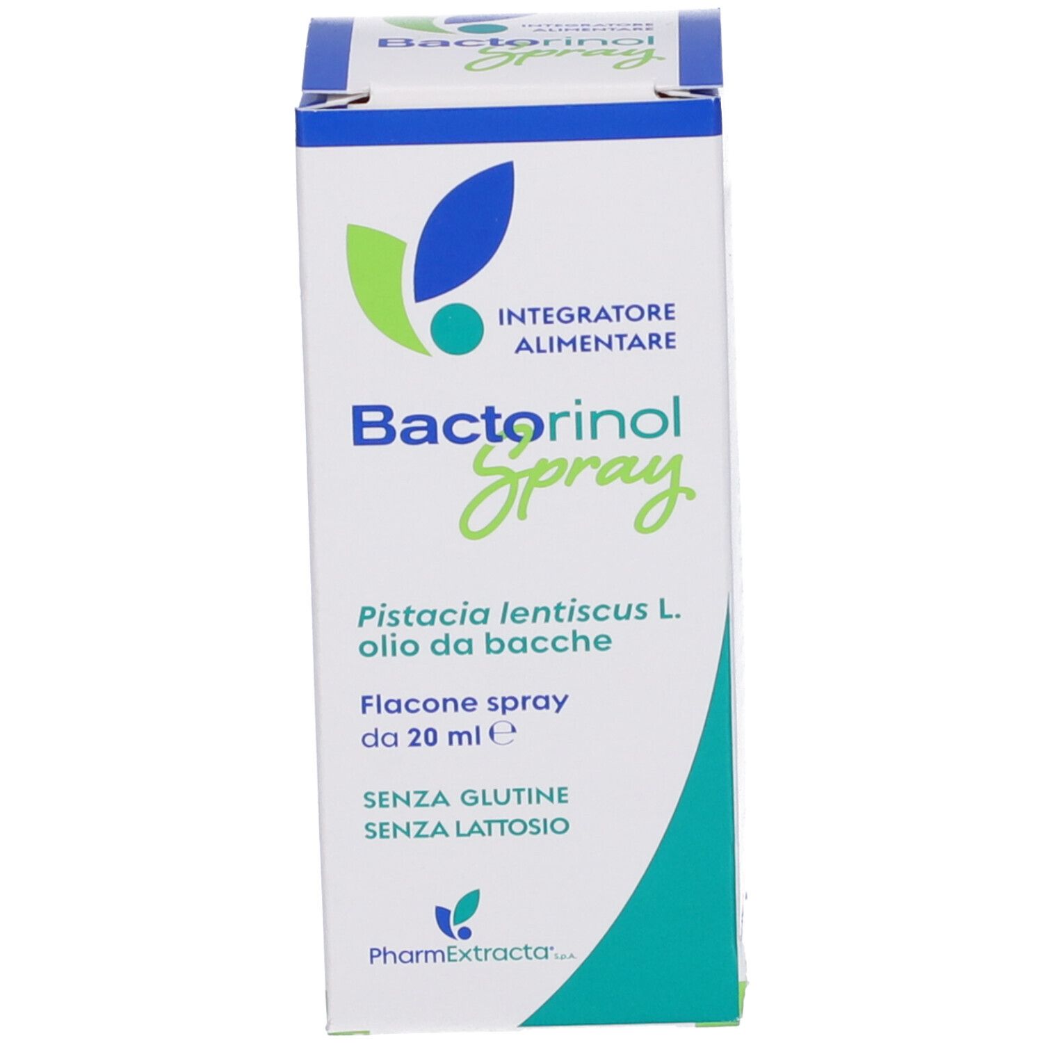 Confezione Bactorinol Spray. Contiene olio di Pistacia lentiscus L. Senza glutine, senza lattosio.