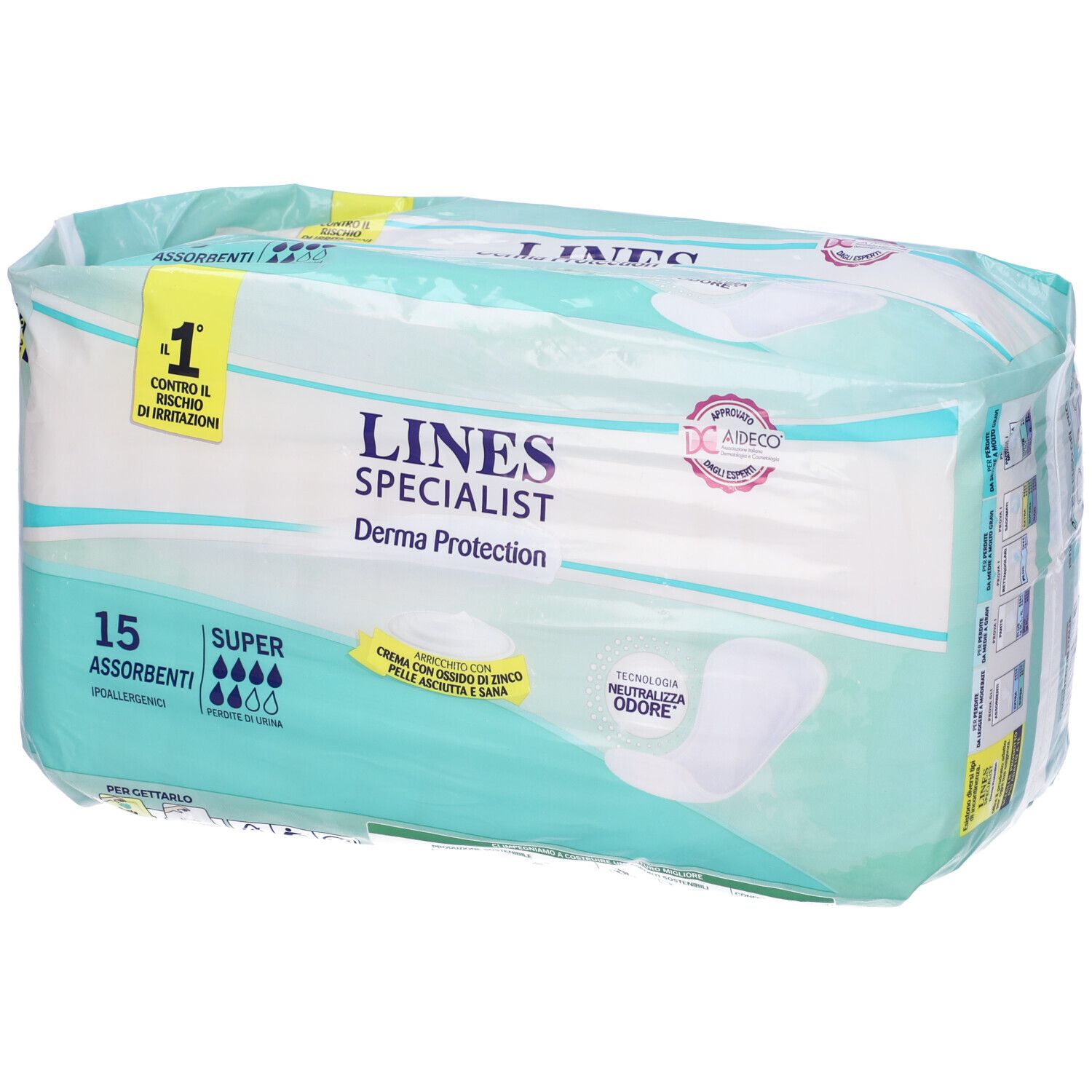 Confezione di assorbenti. Scritta: LINES Specialist Derma Protection. 15 pezzi, super assorbenti. Con certificazione.