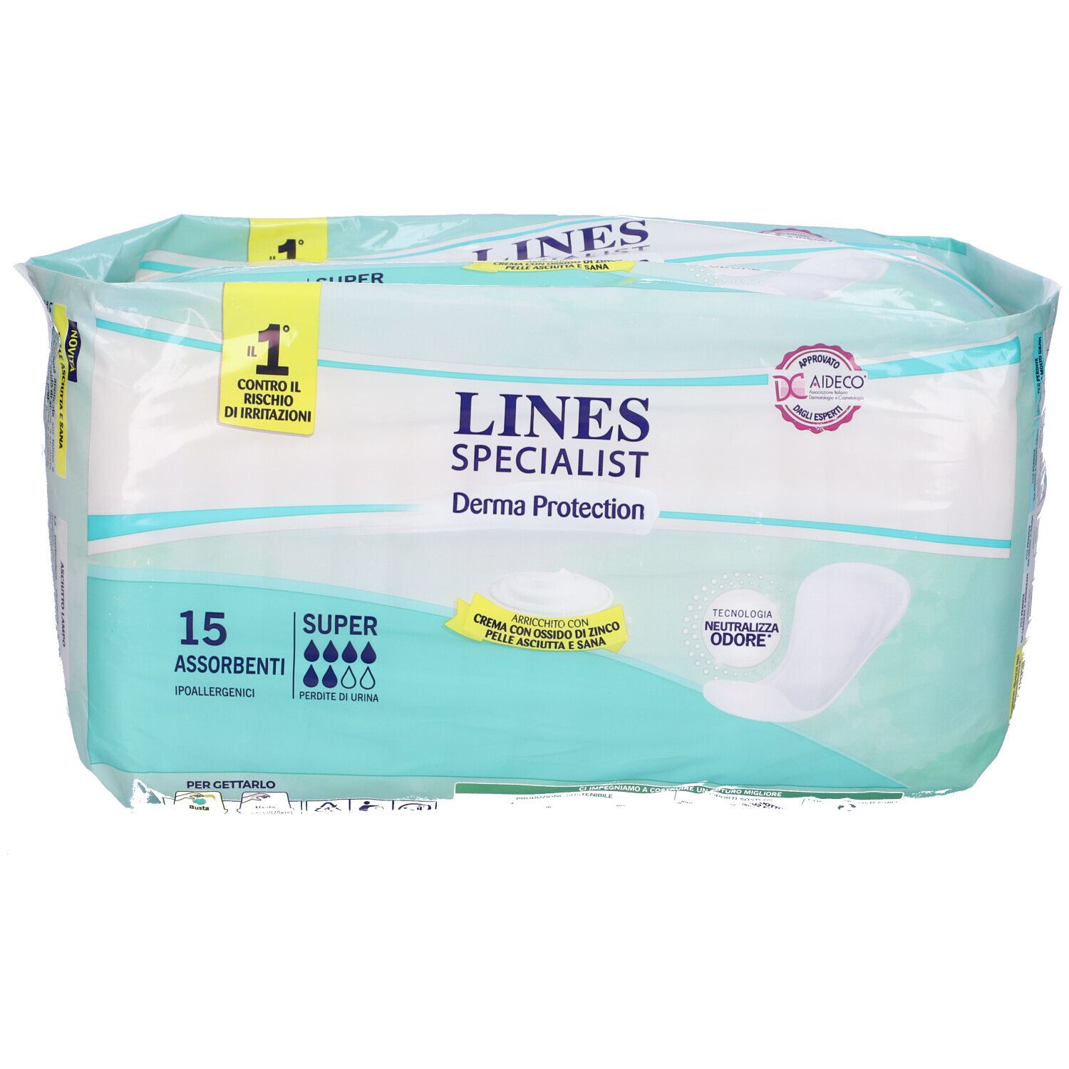 Confezione di assorbenti. Scritta: LINES Specialist Derma Protection. 15 pezzi, super assorbenti. Con certificazione.