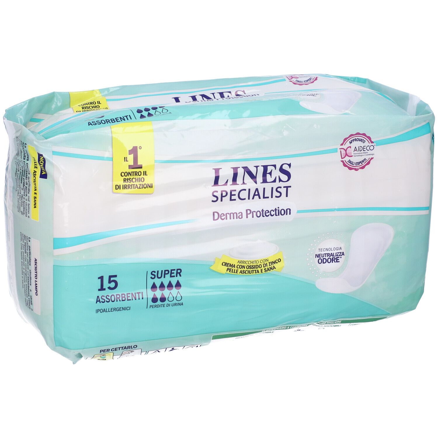 Confezione di assorbenti. Scritta: LINES Specialist Derma Protection. 15 pezzi, super assorbenti. Con certificazione.