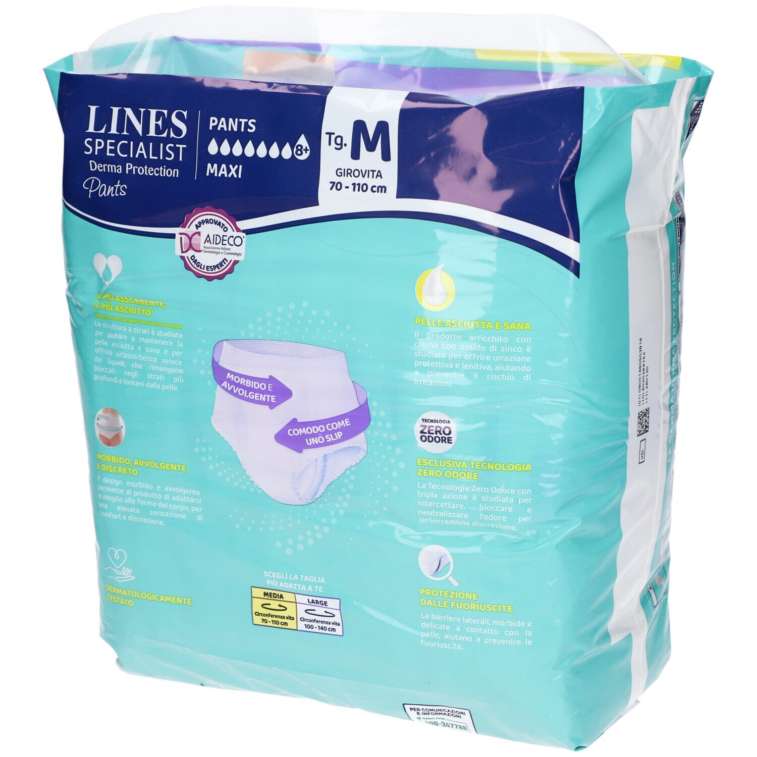 Lines Specialist Derma Protection Pants Maxi M, 10 Stück. Rückseite mit Produktmerkmalen.