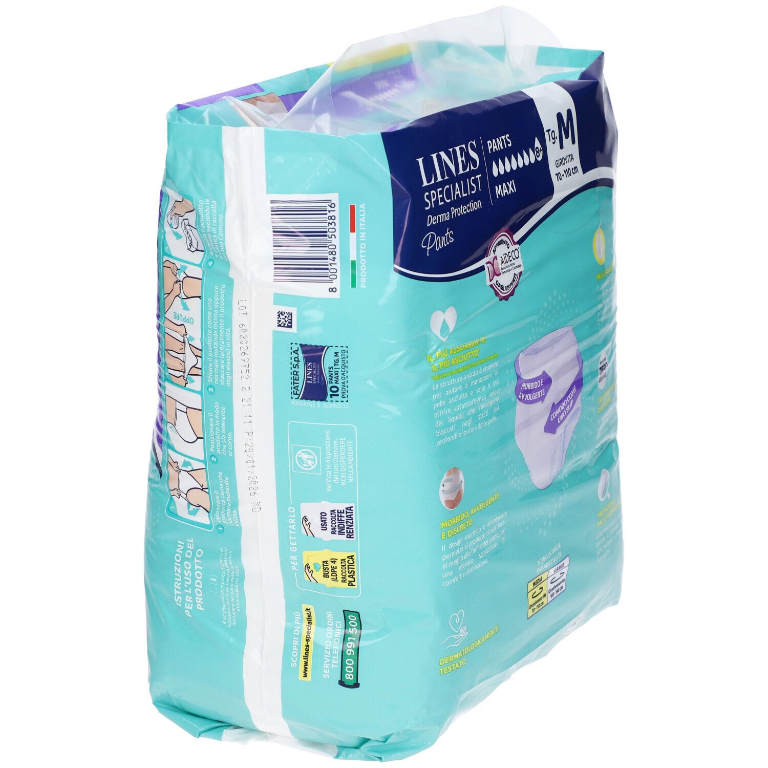 Lines Specialist Derma Protection Pants Maxi M, 10 Stück. Seitenansicht mit Barcode und Details.