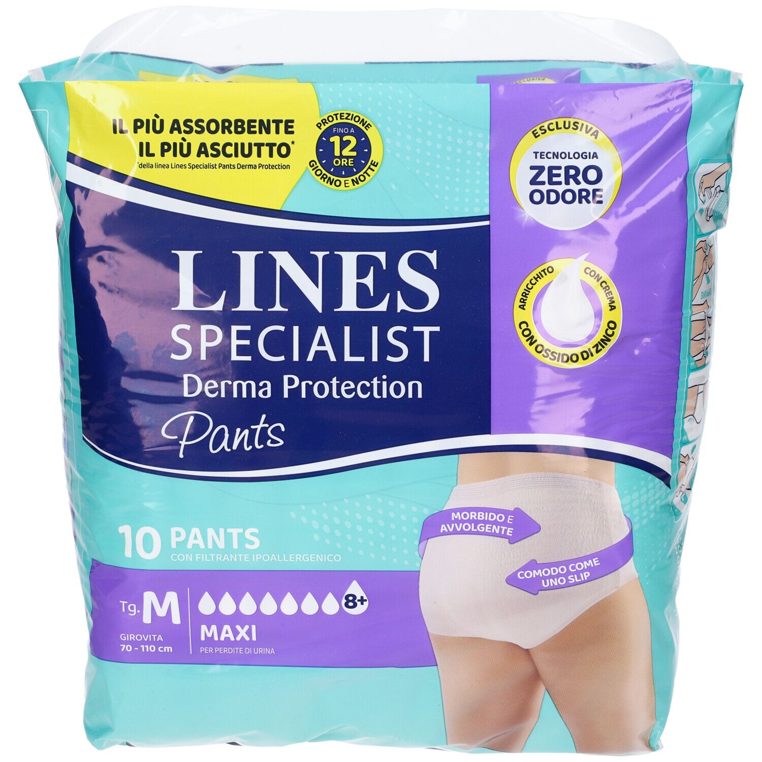 Lines Specialist Derma Protection Pants Maxi M, 10 Stück. Vorderansicht mit Saugfähigkeitsanzeige.