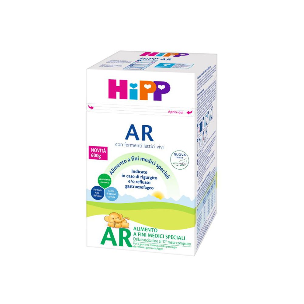 Scatola bianca con logo Hipp e scritta 'AR'. Contiene alimenti speciali per scopi medici. 600g.