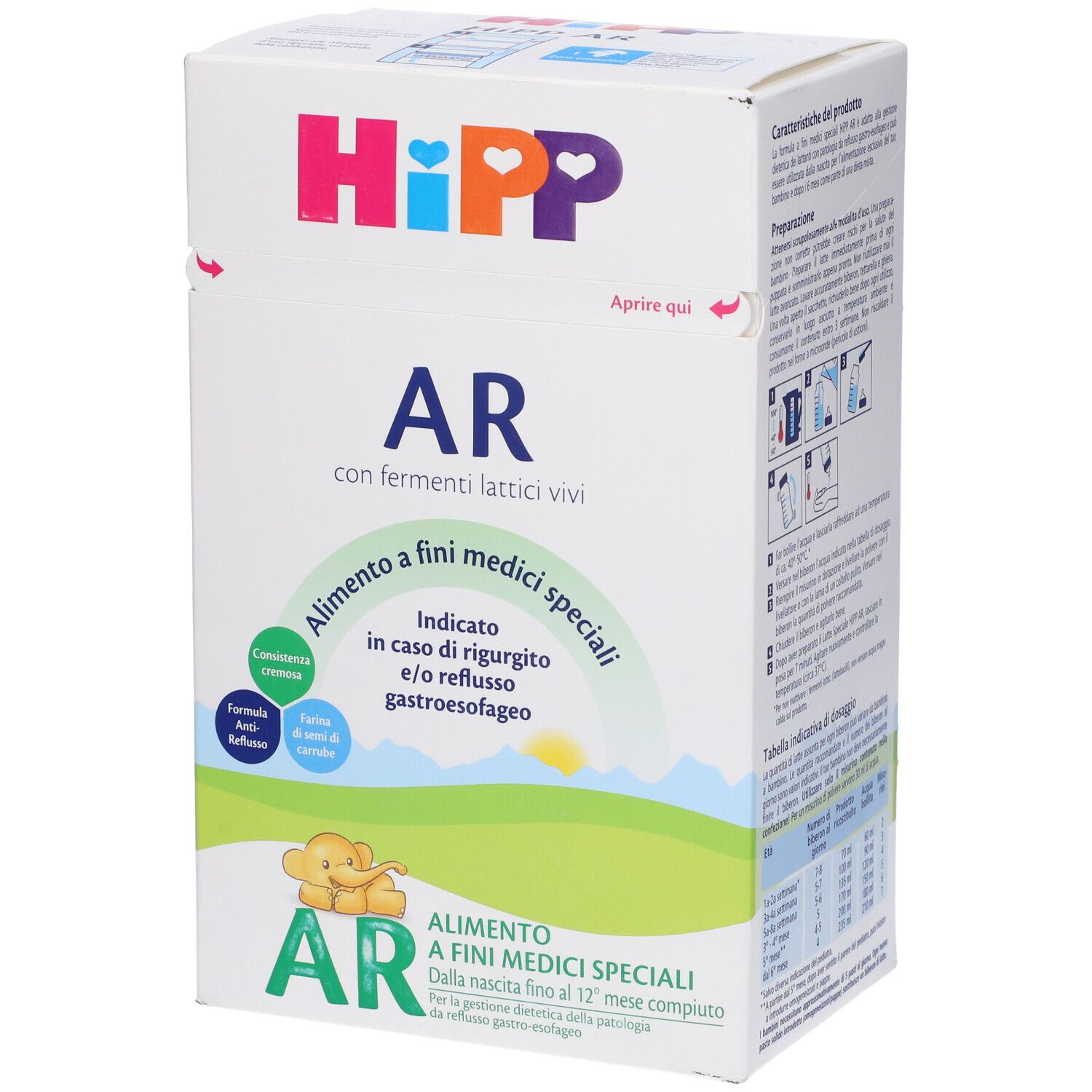 Scatola bianca con logo Hipp e scritta 'AR'. Contiene alimenti speciali per scopi medici. Testo e illustrazioni.