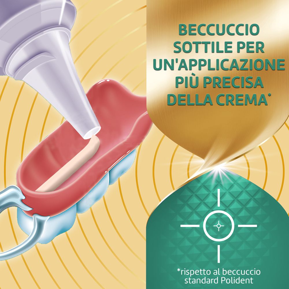 Nahaufnahme einer Zahnprothese und Applikator. Text: Beccuccio sottile per un'applicazione più precisa.