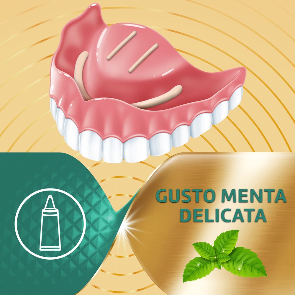 Zahnprothese. Text: Gusto Menta Delicata. Abbildung einer Tube und Minzblätter.