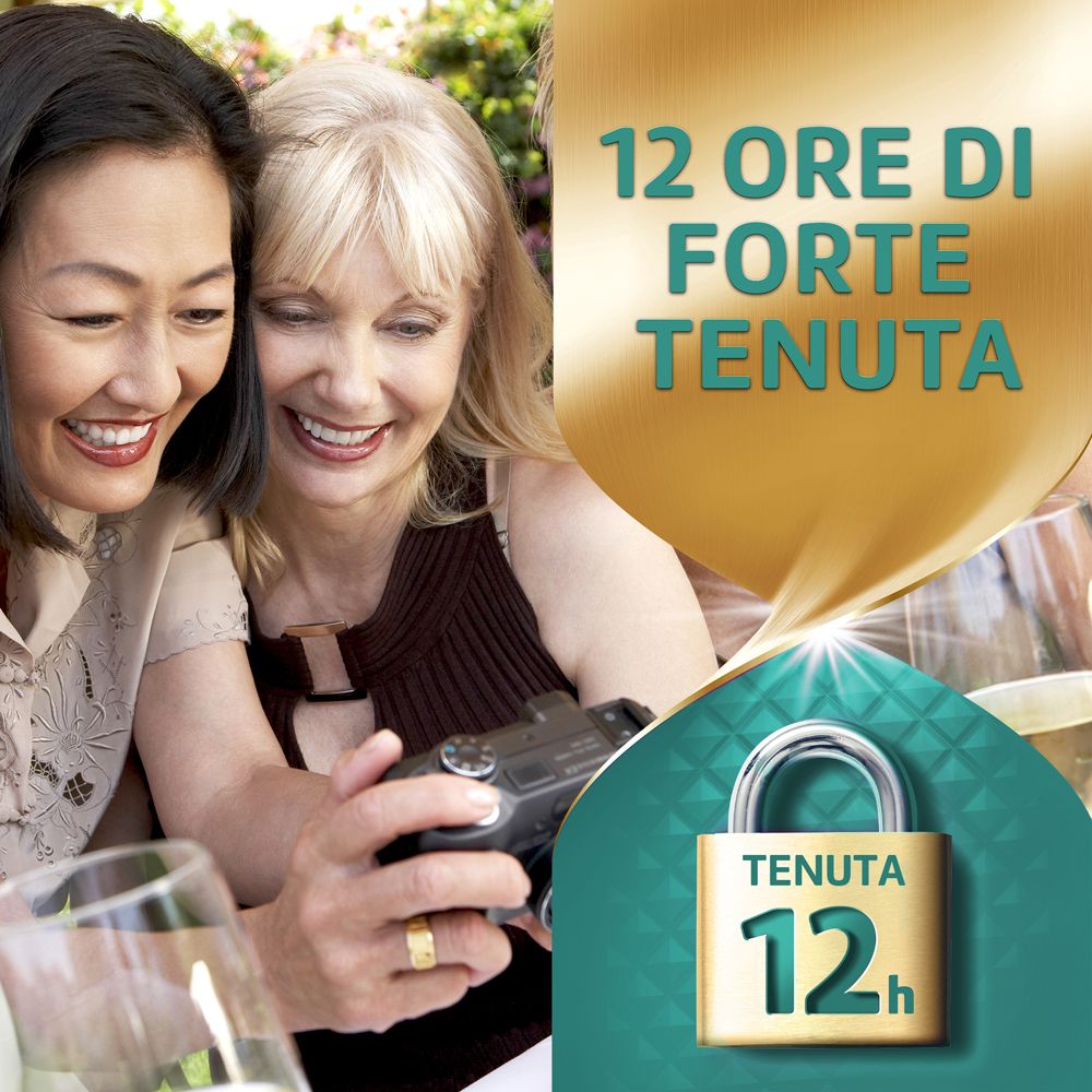 Zwei Frauen lächeln. Text: 12 ore di forte tenuta. Logo mit Schloss.